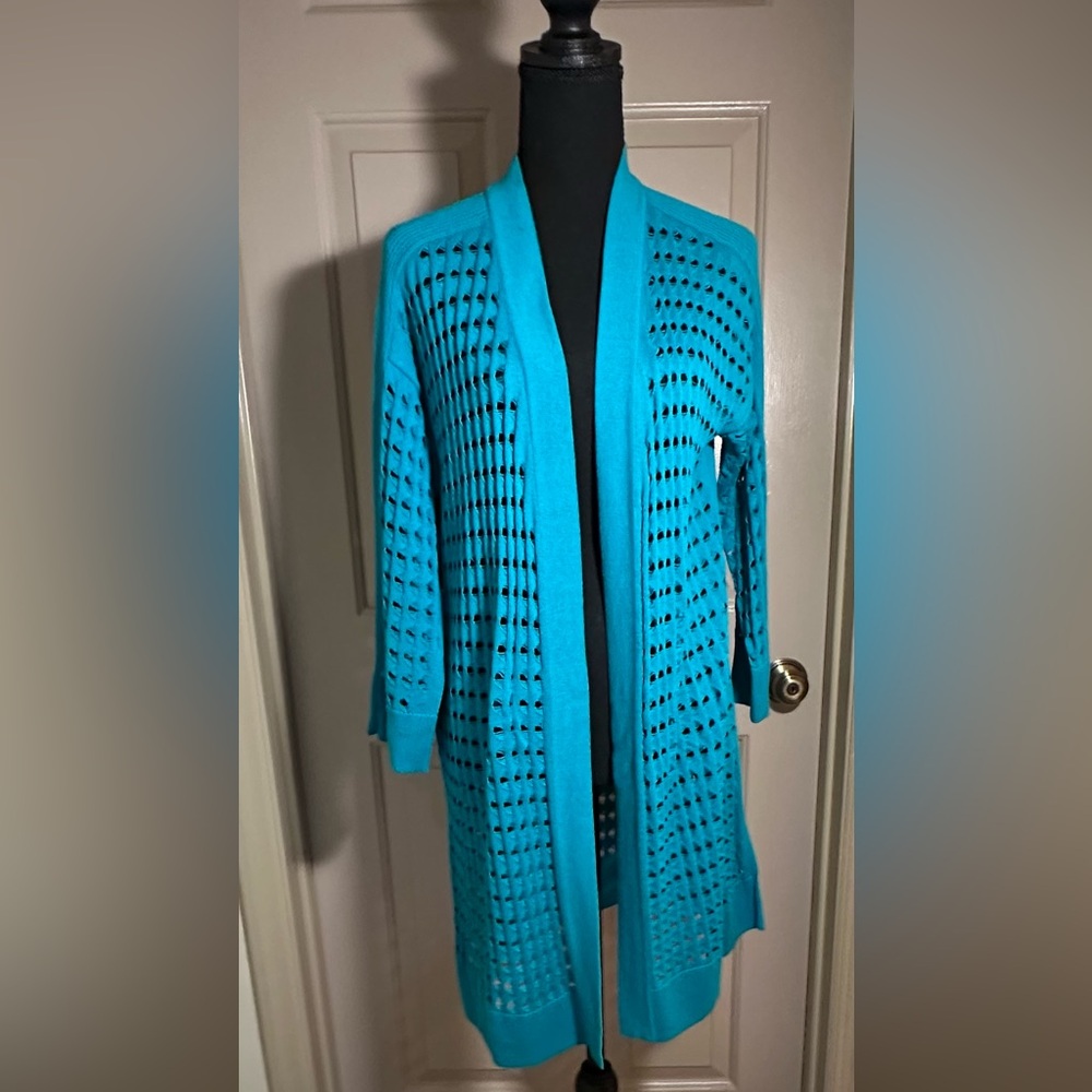 Kasper Women Open-Knit Turquoise Open Front Cardigan Swea